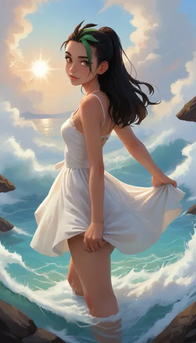 At the heart of the composition is a touching and aesthetically pleasing anime-style portrait of a young woman, (nemona from pokemon), standing in shallow water at the edge of the boundless ocean, bathed in the rays of the setting sun. She is depicted in an elegant three-quarter view from behind, looking over her shoulder directly at the viewer with a gentle, nostalgic smile. She has large amber eyes and a faint blush. Her long hair flows beautifully in the sea breeze. A white short sundress flows in the breeze, her slender, graceful fingers hold the hem of the dress, lifting it to mid-thigh, her legs, up to the calves, are in the dark water, surrounded by concentric circles, fine spray, and the foam of an oncoming wave. An epic sunset sky in the style of Makoto Shinkai, massive cumulus clouds in shades of orange, pink, and purple, stars in the upper blue sky, the low sun on the horizon with a narrow vertical golden ray and a dazzling, sparkling trail across the waves., flatee, v3rd, incase, style, <lora:Animated_Concept:.5>, <lora:BACKTOON_0.1_RC:1.2>, <lora:Incase_Style__SDXL:.3>