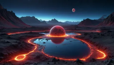 fullcolor image, 8K quality, blue sparkling gas giant satellite planet, red moon, yellow alien strange landscape, firey volcanoes, small blue moon, electric blue rivers, neon red moon