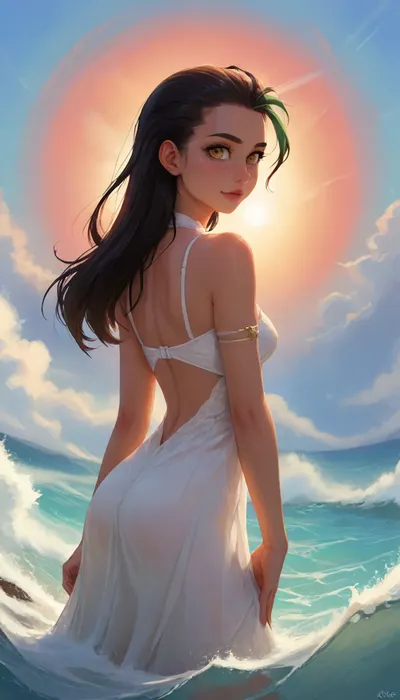 At the heart of the composition is a touching and aesthetically pleasing anime-style portrait of a young woman, (nemona from pokemon), standing in shallow water at the edge of the boundless ocean, bathed in the rays of the setting sun. She is depicted in an elegant three-quarter view from behind, looking over her shoulder directly at the viewer with a gentle, nostalgic smile. She has large amber eyes and a faint blush. Her long hair flows beautifully in the sea breeze. A white dress with bare shoulders, thin straps, and short ruffled sleeves, her slender, graceful fingers hold the hem of the dress, lifting it to mid-thigh, her legs, up to the calves, are in the dark water, surrounded by concentric circles, fine spray, and the foam of an oncoming wave. An epic sunset sky in the style of Makoto Shinkai, massive cumulus clouds in shades of orange, pink, and purple, stars in the upper blue sky, the low sun on the horizon with a narrow vertical golden ray and a dazzling, sparkling trail across the waves., flatee, v3rd, incase, style, <lora:Animated_Concept:.5>, <lora:BACKTOON_0.1_RC:1.2>, <lora:Incase_Style__SDXL:.3>