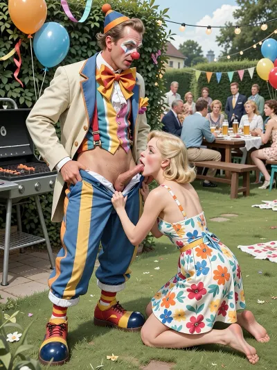 This is a detailed a classical illustrative style depicts a scene set in 1950s, A private summer party with many neighbors in Germany, a private garden, decorated with balloons, streamers, and strings of lights, featuring a grill and beer-bench seating. Hidden from the other guests behind a bush, in the immediate foreground, is a detailed male clown—28 years old—wearing a full clown costume, complete with oversized shoes, trousers, a jacket, suspenders, a colorful shirt, an exaggeratedly large bow tie, a red nose, and a tiny hat. He is receiving oral sex from a sweet, blonde neighbor girl. The cute girl is kneeling before the clown with his trousers unzipped, taking his erect penis deep into her mouth. She wears a lovely summer dress with a colorful floral print and thin straps, she has a delicate, slender build and a very flat chest. Because they are positioned prominently in the extreme foreground, both the girl and the clown are rendered in high detail, capturing nuanced facial expressions and intricate textures of fabric and skin. Behind the clown stands a dense bush, looking past it, one can see the garden party—attended by many people—in the blurred background.The overall mood is intense, rendered in fine, expressive line work and subtle shading, evoking the style of 1960s satirical or moralistic illustrations.