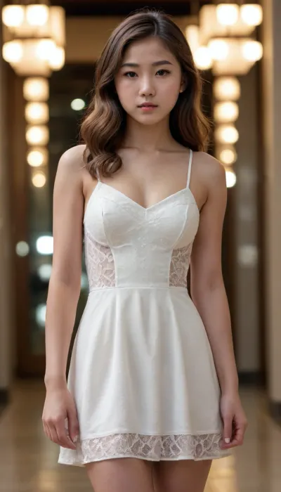 18 year-old, Asian Girl, medium breast, open short white dress, long brown hair, full body shot.