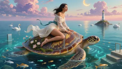 A richly illustrated 16k Sharp poetic surrealist scene of an adult beautiful feminine woman riding side-saddle across a vast, tranquil sea atop the broad shell of a giant turtle. Warm brown skin and flowing dark hair frame her thoughtful face, she sits near the shell’s center, balanced and relaxed, both hands are lying on the turtle's shell, her expression quietly hopeful. Her ivory dress has long translucent sleeves, a muted teal sash, and windblown fabric streaming softly in the sea breeze. The immense turtle glides through glassy blue-green water, its patterned shell richly textured with worn gold, verdigris, and patches of moss. Pale, delicate flowers sprout between its shell plates, beneath the surface, tiny luminous fish drift through the turtle’s pearlescent wake as fine ripples spread outward. Far away, a miniature lighthouse rises from a floating rock. a group of swans on the water, Beneath it, ripples transform into floating staircases, scattered silver and gold fish, and tiny doorways that reflect a sky of oversized lavender clouds and a golden crescent moon. Compose as a wide cinematic view from a low water-level perspective, Soft twilight light blends rose, turquoise, indigo, and gold across the scene, creating pearlescent reflections and gentle shadows. Fine painterly detail, impossible scale, symbolic imagery, and unexpected juxtapositions evoke poetic Surrealism, a serene, mysterious atmosphere, and the sensation of journeying through a lucid dream, detailed hands, anatomically correct hands, natural finger placement, five fingers per hand, well-defined knuckles, clean palm lines, delicate women's hands