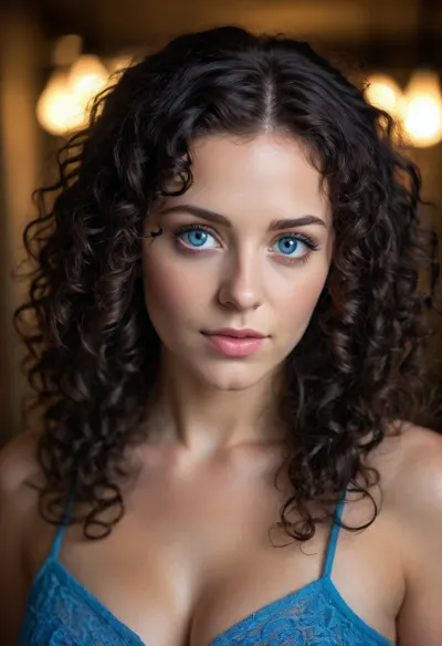 masterpiece, cute face, big breasts, (bright lighting:1.2), beautiful detailed blue eyes, long black curly hair, extremely detailed face, perfect lighting, best quality, ((mature female))