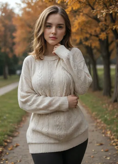 aesthetic of a pretty and kind celebrity 22 years plus sized woman at home in autumn. she has light-brown hair, sun-kissed skin with freckles, and big vivid brown eyes. she is extremely feminine with approachable vibes. wearing an oversized cozy knit sweater and, (high-waisted leggings), that hug her, (((wide hips))), and belly. she is, (((thick))), and, (((curvy))), .
