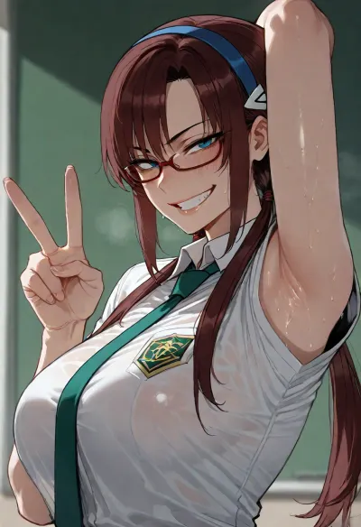 (ratatatat74), (Mari makinami illustrious, school uniform), solo, armpit fetish, sweaty armpit, arm raised, huge grin, peace sign, looking at viewer, side view, <lora:ratatatat74-000050:2>
