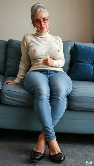 8K image, award-winning image, HDR, (hyper-realistic image:1.4), (hyperralistic face:1.5), image, perfect image, noise free and flawless image, (full-body view:1.5), (head to toe view:1.5), (head to shoes visibles:1.5), Mature woman, attractive grandmother, 60 years of age or older, photorealistic subject, very short haircut, (military style), white hair, bored expression, freckled face, very full lips, large breasts, (large penis:1.3), (large testicles:1.3), holding erect penis with her hand, alone, tight sweater pale blue color, erect nipples, dress pants strech white color, high heels, glasses, sitting on sofa, legs spread.