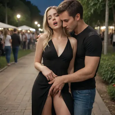 Sexy female, male beside her, wide shot of a 28 year old woman, slender, wearing a black long summer dress, orgasmic face, standing in public park with dimmed light by night . fingering, her, vagina