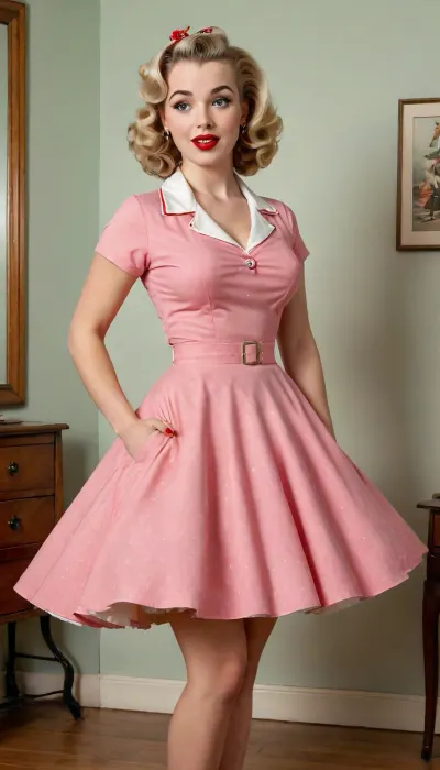 A pin-up, young woman in a retro style from the mid-20th century.She is depicted in full height. She has large, expressive eyes, fair skin, soft, wavy hair in a 1950s hairstyle, and a cheerful or playful expression on her face, . Woman Show her body, The illustration is made in the traditional pin-up style, (like by Gil Elvgren), with warm tones and gentle shading, Frame, 4ng3l, face, vintagemuse, vim1, circle, dress, <lora:SDXL_BetterFaces-LoRA_v1:1.7>, <lora:vintagemuse:.2>, <lora:8fcf1204-8988-4a6b-81d6-6595f4184458.TA_trained:1.4>