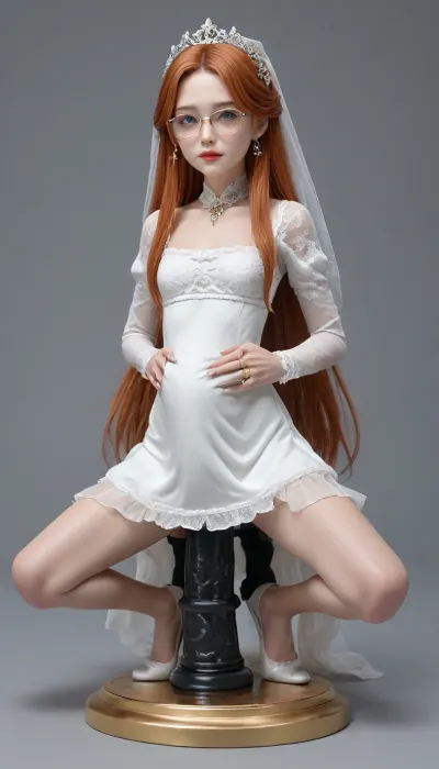 SnowStyle, (futanari's horse penis squeezes gold rings:1.5), bride, high quality fantasy art of a beautiful adorable super cute girl, glowing within, delicate figurine, kawaii, chibi, mature, (old milf:1.28), adorable, ginger, glasses, big ass, flexible, spreading legs, arched back upwards, goth, 30 year old, very long hair, (belly bulge:1.5), (skinny:1.3), ginger heir, Squatting, (((Giant BlackDildo))), hyper massive huge extreme insane pussy dildo, Largest dildo possible, huge pussy toy, full body view, extremely wide dildo too big for girl and stretches pussy to breaking point, hyper extreme dildo wider than her thigh, pussy dildo, extreme insertion, hyper insertion, Biggest dildo imaginable, show full body in view, victorian, dress, <lora:SDXLFestiveSnow:.1>, <lora:victorian_dress-XL-2.0:2>