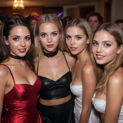 a group of college girls at a wild Halloween costume party, each girl has a different costume, each costume is more sexually provocative than the last, detailxl