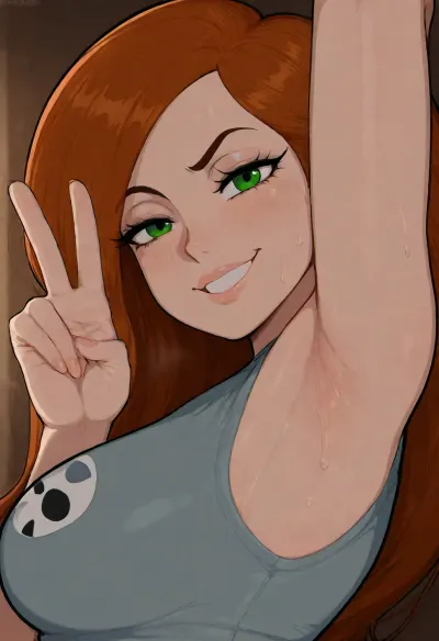 (Afrobull), masterpiece, (kim possible), solo, armpit fetish, sweaty armpit, smile, wink, peace sign, looking at viewer, side view