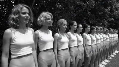 A black and white vintage photograph of a long, diagonal line of 20 year old nude women standing at attention outdoors, arranged in a receding row that stretches from the left foreground into the right background. The closest woman on the far left has wavy, shoulder-length light hair and wears only a white sleeveless tank top, her vagina is visible, reservedly smile and her gaze is directed slightly to her left, away from the camera. Beside her, the second woman has short, curly blonde hair framing her face, her gaze is directed slightly to her left, away from the camera, reservedly smile, only the same white tank top, her vagina is visible. The third woman, positioned near the center of the frame, has braided blonde twintails and her gaze is directed slightly to her left, wearing only the identical white top, her vagina is visible. To her right, the fourth woman her gaze is directed slightly to her left, and dark hair pulled back. The remaining women in the line recede into the distance to the right, each wearing only matching white tank tops, with their faces becoming progressively smaller and softer in focus, creating a strong sense of receding perspective. The women are standing close together, shoulder to shoulder, with their arms at their sides, forming a rigid, disciplined formation. Behind them, a dense wall of dark, leafy trees fills the background, rendered as a textured, out-of-focus mass of foliage. The lighting is bright, direct sunlight coming from the upper left, casting sharp, distinct shadows on the women' faces and clothing, with the first three women receiving the strongest, most sculpted illumination. The photograph has a grainy, high-contrast, black and white film aesthetic typical of mid-20th-century documentary or propaganda photography, with deep blacks in the shorts and background foliage and bright whites in the tank tops. The composition is a dynamic diagonal line that leads the eye from the bottom left to the upper right, emphasizing uniformity, youth, and disciplined group identity. The atmosphere is serious and formal, yet also marked by a certain cheerful lightness, it captures a moment of collective stillness and disciplined order in a sun-drenched, open-air setting.