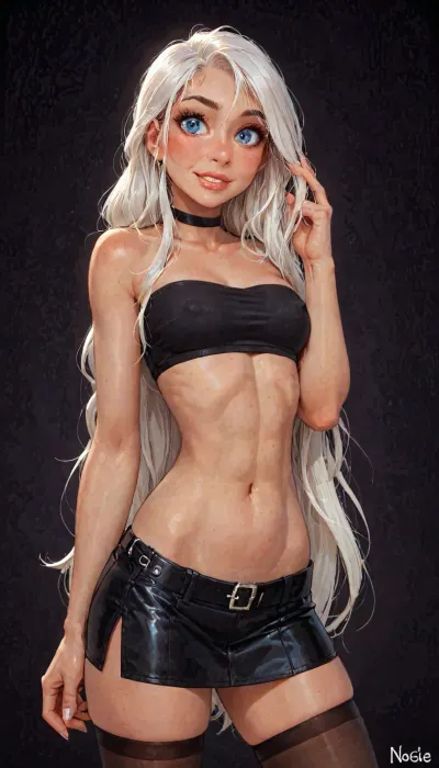 (reiq meets innv and Jack cayless art style), (Incase style:1.2), (tube top), beautiful girl, (very long hair), (joyful face:1.3), friendly slight smile showing her teeth, (face closeup:1.4), (((solo))), (black choker), (narrow waist), (sexy abs:1.2), (ruined makeup:.6), (bangs over eye), symmetrical blue eyes, snub nose, plumb lips, parted lips, teeth visible, half-closed eyes, (small breasts:.6), (erected nipples:1), 1girl, ((face focus)), (beautiful curves of the body), (hourglass body:1.5), realistic detailed, deep insertion, intim light, (black stockings:1.3), (black micro skirt:1.4), (plunging neckline:.7), (simple dark background:1.8), skin texture, futuristic-fantasy-anime, incase, style, (ciri), (cirilla), <lora:sd_xl_turbo_lora_v1-64dim:2>, <lora:futureistic_fantasy_anime_sdxl_v1:2>, <lora:Incase_Style__SDXL:2>, <lora:SDXL_BetterFaces-LoRA_v1:.8>, <lora:Witcher3TurnXL_v1:.8>