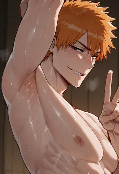 (ratatatat74), (Kurosaki_Ichigo from Bleach, male), gay, solo, armpit fetish, sweaty armpit, arm raised, peace sign, smile, looking at viewer, side view, <lora:ratatatat74-000050:2>