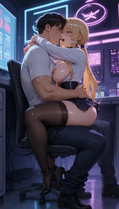 masterpiece, best quality, ultra-detailed, anime style, Anime Desire Illustrious, couple fucking, hot seat position, man sitting on a chair, woman sitting on his lap facing him, deep penetration, both seated, beautiful blonde woman in secretary clothing, blouse open, soft round natural breasts out, skirt hiked up, black stockings, garterbelt still on, straddling him, arms around his neck or shoulders, moaning expression, eyes half-closed, open mouth, athletic man sitting on a chair, white shirt still on, trousers pulled down to his ankles, strong hands gripping her hips or ass, focused expression, full body view, large angle, wide angle, full body shot, dynamic side view showing entire bodies from head to toe, datacenter interior, rows of tall server racks, thick cables, neon cyberpunk lighting, glowing pink purple and blue neon lights, colorful LED reflections, vibrant neon glow, industrial atmosphere, reflective metal floors, papers and folders scattered on the floor, detailed genitals, sweat, intense sex, uncensored
