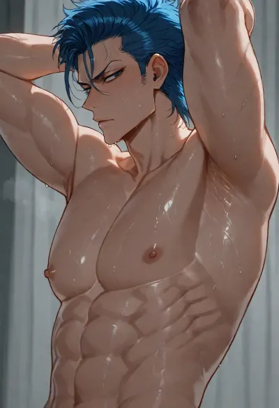 (ratatatat74), (Grimmjow Jaegerjaquez from Bleach, male), gay, shirtless, solo, armpit fetish, sweaty armpit, arms raised, looking at viewer, side view, <lora:ratatatat74-000050:2>