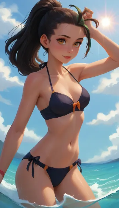 At the heart of the composition is a touching and aesthetically pleasing anime-style portrait of a young woman, (nemona from pokemon), standing in shallow water at the edge of the boundless ocean, bathed in the rays of the setting sun. She is depicted in an elegant three-quarter view from behind, looking over her shoulder directly at the viewer with a gentle, nostalgic smile. She has large amber eyes and a faint blush. Her long hair flows beautifully in the sea breeze. She is wearing a form-fitting sexy frilly bikini, her legs, up to the calves, are in the dark water, surrounded by concentric circles, fine spray, and the foam of an oncoming wave. An epic sunset sky in the style of Makoto Shinkai, massive cumulus clouds in shades of orange, pink, and purple, stars in the upper blue sky, the low sun on the horizon with a narrow vertical golden ray and a dazzling, sparkling trail across the waves., flatee, incase, style, <lora:Animated_Concept:.5>, <lora:BACKTOON_0.1_RC:1.2>, <lora:Incase_Style__SDXL:.3>