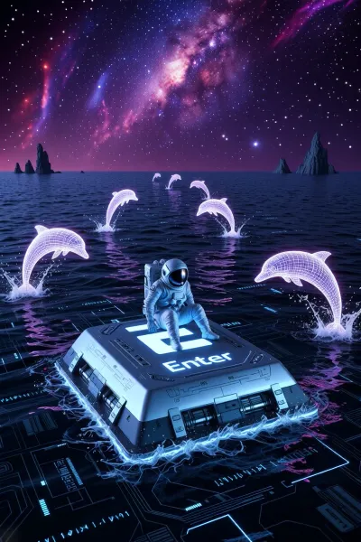 A surreal sci-fi scene, a lone astronaut in a white spacesuit with a dark, reflective visor sits on a giant “Enter” key from a computer keyboard, which is floating in the middle of a dark ocean. The key is massive, with the brightly glowing blue-and-white word “Enter” at the top and technical panels and connectors along the edges. Underwater, glowing microchip schematics and digital circuits are visible in blue and purple light, the seabed resembles the circuit board of an electronic device. Several holographic dolphins leap out of the water, rendered as a glowing white-and-purple mesh with a neon glow. The sky is deep space, filled with stars and a large, bright nebula in shades of pink, purple, and blue. On the horizon are dark, rocky islands. The water is dark blue, with reflections of neon light.