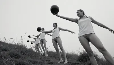 A vintage black and white photograph of five 28 year old nude women performing a synchronized rhythmic gymnastics routine outdoors, captured from a low angle looking up at the figures against a vast, pale, overcast sky. The women stand barefoot in a diagonal line ascending from the lower left to the upper right on a rough grassy hilltop. The foremost figure on the far right, closest to the camera and rendered largest, is a fair-skinned young blonde woman with braided hair, wearing only a light sleeveless short white linen camisole. She holds a dark, solid ball aloft in her raised right hand and gazes slightly upward with a focused happy smile, her left arm is extended horizontally behind her. Behind and to her left in the middle distance, a second woman with braided hair and a similar short white linen camisole mirrors the pose, arm extended out to the side holding a dark ball at shoulder height. Further to the left, a third woman also holds a ball out to her side, followed by a fourth and a partially visible fifth woman at the far left edge, all wearing only identical pale camisoles, all women's realistic detailed vaginas are visble, creating a rhythmic, cascading formation of outstretched arms and dark spherical props. The foreground consists of textured wild grass and tall weeds silhouetted slightly against the bright sky, anchoring the figures. The photograph is shot on film with a medium telephoto lens and a deep depth of field, keeping all the women reasonably sharp, though the distant sky is rendered as a soft, luminous field of grain. The lighting is diffuse and shadowless, typical of an overcast day, which backlights the figures slightly and creates a strong contrast between their pale uniforms and the dark heavy balls. The image has a grainy, silver-gelatin quality with visible film texture, a wide tonal range from deep blacks in the balls and shadowed grass to bright whites in the sky, and significant vignetting that darkens the corners and edges. The composition is dynamic and asymmetric, dominated by the upward diagonal sweep of the figures and the negative space of the empty sky above them, evoking a mood of retro athleticism and mid-century documentary imagery.