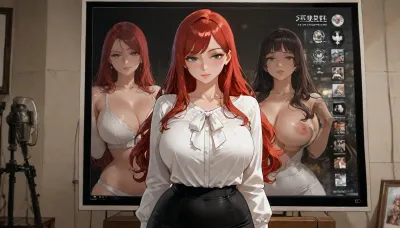 (masterpiece, best quality, ultra-detailed, realistic clear photography, professional photo shoot quality, high resolution), chubby redhead girl, long wavy red hair, freckles, short bangs, fair skin, 37 years old, University lecture hall, low contrast, BREAK, large natural breasts, a white formal blouse, a black tight pencil skirt, standing at the lectern in the lecture hall, She is standing at the lectern and giving a lecture, there is a large screen behind the place where she is standing, (A photo of boobs is displayed on the screen:1.3), (She is explaining the photo of the boobs displayed on the screen, She is explaining while looking at the screen), futuristic-fantasy-anime, <lora:futureistic_fantasy_anime_sdxl_v1:1.2>, <lora:attractive_notrigger:.8>, <lora:EnvyBeautyXL01:1.2>