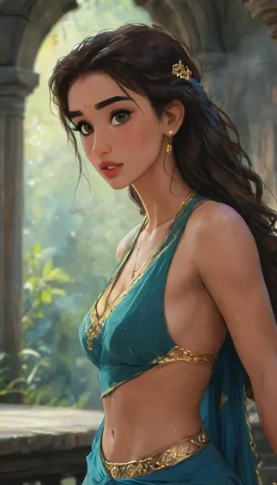 (1woman), indian, punjabi, disha patani, focus on face, beautiful eyes, (mature adult face), a princess in an indian sari costume, indian art, She wears a traditional sari with blue and gold stripes, beautiful face, perfect hands, full lips, long black hair, brown eyes, smooth skin, naughty girl, (romantic vibes, intimate moment), indian temples in Background, (horny, hungry expression, freckles, blushing, flushed face, seductive pose, hand up, one of her hand's in her hair), futuristic-fantasy-anime, (ultra, HD, quality, details), (green, eyes), comic, book, dishap, Indian, Silk, Lehnga, Sari, 1girl, uberfit, muscular, athletic, perfect anatomy, best quality, 8k, insane details, intricate details, hyperdetailed, hyper quality, ultra detailed, professional, HDR, ray tracing reflection, cinematic lighting, highlydetailedbody, realisticface, highlydetailedhair, perfectfingers, insanelydetailed, 8K.highdetailedskin, highresolution, (j_cartoon:1.5), Drawing, <lora:dishap:2>, <lora:Anime_Style_Indian_Dresses_Lehnga__Sari:.8>, <lora:samdoesarts1.1-000030:.4>, <lora:J_cartoon:.3>, <lora:Animated_Concept:.4>