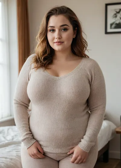 aesthetic of a pretty and kind celebrity 22 years plus sized woman at home in autumn. she has light-brown hair, sun-kissed skin with freckles, and big vivid brown eyes. she is extremely feminine with approachable vibes. wearing an oversized cozy knit sweater and, (high-waisted leggings), that hug her, (((wide hips))), and belly. she is, (((thick))), and, (((curvy))), .