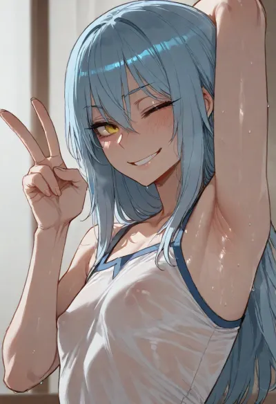 (ratatatat74), (rimuru_tempest), gay, solo, armpit fetish, sweaty armpit, arm raised, peace sign, smile, wink, looking at viewer, side view, <lora:ratatatat74-000050:2>