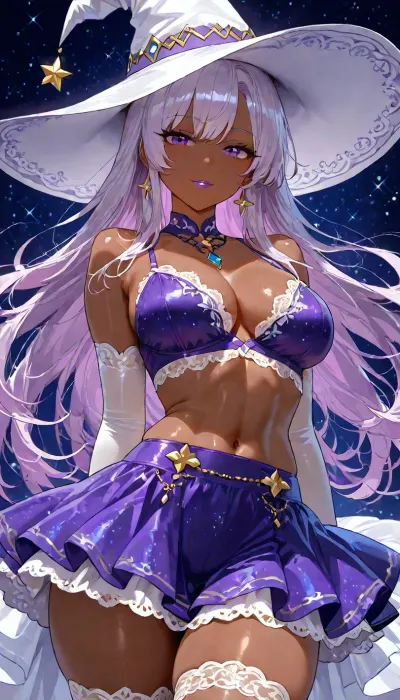 (((big beautiful anime eyes:1.2))), lipstick, make-up, glitter, dark eye liner, ((long lashes)), 25 year old Filipina witch, dynamic pose portrait, petite athletic toned firm body, toned fit abs, bright purple blue, plain hat, ethereal whimsy aesthetic, subtle under short nano skirt, lace and satin lingerie, <lora:add-detail-xl:1.2>, <lora:attractive_notrigger:1.2>, <lora:detailed_notrigger:1.2>, <lora:LCMTurboMix_Euler_A_fix:1.2>, cute smile, stockings, starry dark background, dark hair, dark skin