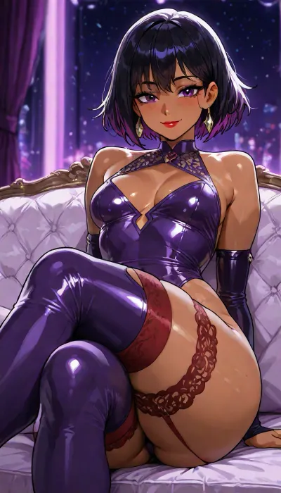 Melkor mancin meet markgavatino style, (((beautiful bright purple big anime eyes))), Dark Purple eyeliner, long eye lashes, red lipstick, 25 years old cutie, ((purple background, lurid neon blurry background, lounge)), hair with bright highlights, warm strong lighting, red garter stockings, thick long boots, mischievous smile, (((big beautiful anime eyes:1.2))), lipstick, make-up, glitter, dark eye liner, ((long lashes)), 25 year old Filipina witch, dynamic pose legs portrait showing off body, petite athletic toned firm body, <lora:add-detail-xl:1.2>, <lora:attractive_notrigger:1.2>, <lora:detailed_notrigger:1.2>, <lora:LCMTurboMix_Euler_A_fix:1.2>, cute smile, stockings, starry dark background, dark hair, dark skin, (crossed legs with large futa bulge)