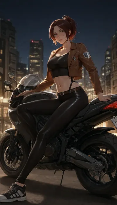 ((Insanely hot)), ((top quality、masterpiece、high sensitivity、high resolution、detailed depiction、depiction of a delicate face、thin face、 cute eyes, defined nose)), ((Hange Zoe from "Attack on titan")), is advanced digital art, glasses, tanktop, brown open leather jacket, tight black leggings、sneakers, holding sports bike helmet, night city outskirts background, ((slim body)), confident, ((extremely confident look in her eyes)), ((poor lighting)), (((sitting on a sports motorbike))), (feminine stance), score_9, score_8_up, score_7_up, score_6_up, (j_cartoon:1.4), Drawing, <lora:hinaTuningFaceDetailer_SDXL-v2-rank256-pruned:.8>