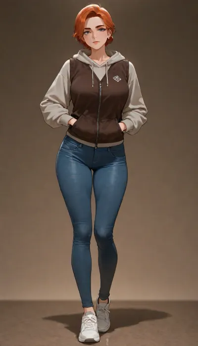 masterpiece, best quality, absurdres, newest, highres, very aesthetic, 1girl, solo, mature female, adult, very_short_hair, heterochromia, medium_breasts, skinny, pubic_hair, hoodie, jeans, vest, sneakers, freckles, piercing, oval face, thick eyebrows, clothes over underwear, (white strapless bra:.45), (white boyshorts:.45), fully clothed, underwear under clothes, standing, full body, looking at viewer, simple background, soft lighting, detailed face, detailed eyes
