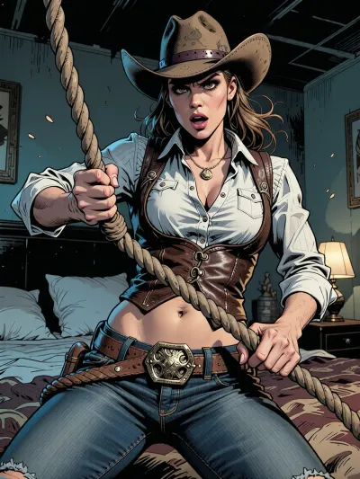 Hand-drawn comic book sketch of a fierce cowboy-styled woman in a dimly lit, atmospheric bedroom. Dynamic action pose, high-octane energy, dramatic low-angle perspective. She is aggressively pulling and winding a thick textured lasso rope with both hands, creating action tension. She wears a fully covered western button-up shirt, a tough leather vest, denim jeans with a large belt buckle, and a weathered stetson hat. Masterpiece quality, hyper-detailed rendering of human anatomy, flawless 5-finger hands tightly gripping the braided rope, ultra-sharp iris reflection with vivid color depth, individual fabric textures, denim weave, and leather stitching visible. Bold ink linework, cross-hatching shading, raw sketch aesthetics mixed with comic art style, hyper-detailed, award-winning composition, 8k resolution.