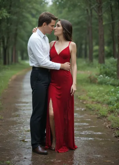 A highly photorealistic, candid outdoor photograph of a romantic young couple, both 25 years old, sharing a tender, spontaneous kiss in a muddy natural setting.

The woman is pretty and naturally chubby, with a soft, full figure, realistic body proportions, a rounded face and shoulder-length brown hair. She wears an elegant, flowing red dress that gently follows her natural figure. The lower part of her dress has become slightly wet and splashed with brown mud.

The man is handsome, slim and athletic, wearing a well-fitted dark suit and a white shirt. His polished shoes and the lower parts of his trousers are lightly stained with mud.

The couple stands close together in a shallow muddy puddle. The woman has wrapped her arms affectionately around his neck, with one hand resting gently in his hair. He holds her comfortably around the waist as they share a warm, natural kiss. Their posture is relaxed and affectionate, expressing genuine romantic attraction and happiness.

The surrounding ground is wet and muddy, with small puddles, uneven patches of soft earth and natural vegetation. Soft daylight illuminates the scene, creating realistic reflections on the damp ground.

The photograph captures an authentic, unposed romantic moment, with natural facial anatomy, realistic hands and fingers, believable body proportions, detailed fabric textures, subtle skin imperfections and lifelike lighting.

Professional documentary-style photography, full-body composition, natural colors, realistic depth of field, no artificial glamour effects, no exaggerated anatomy.