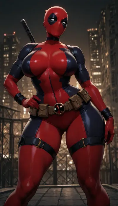 (Lady Deadpool:1.6), full red-and-black tactical suit and mask on, scarred athletic body, large breasts, wide hips, thick thighs, wearing a tight Black Widow catsuit over her own suit, zipper partially open, standing with legs apart on a rooftop at night, one hand on her hip, the other adjusting the utility belt, city lights behind, cinematic lighting, sharp focus, highly detailed