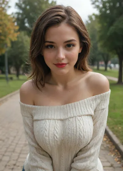 plump woman, 20-years-old, leaning forward with arms behind back, busty girlfriend, cute pose, friendly smile, flirting eyes, red lips, elegant hair style, comfy, caring, soft and tender, fashion model, off-shoulder sweater, park, outside, warm sunshine, close-up, dynamic angle.