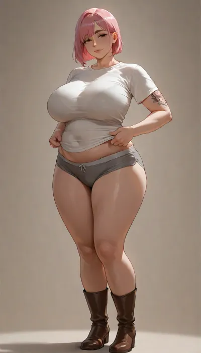 masterpiece, best quality, absurdres, newest, highres, very aesthetic, 1girl, solo, mature female, adult, short_hair, bob_cut, pink_hair, brown_eyes, large_breasts, fat, toned, pale_skin, pubic_hair, landing_strip, t-shirt, chinos, boots, tattoo, wide face, thick eyebrows, narrow eyes, long nose, clothes over underwear, (grey lace bra:.45), (grey panties:.45), (cotton:.3), fully clothed, underwear under clothes, standing, full body, looking at viewer, simple background, soft lighting, detailed face, detailed eyes