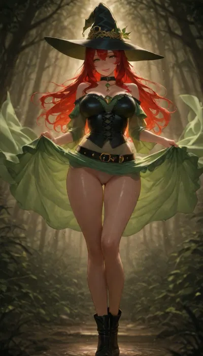full body shot of a beautiful witch, (long wavy vibrant red hair:1.2), pale freckled skin, huge expressive green eyes, sweet smile. She is wearing a tall black witch hat with a green leaf wreath, a black choker with a small green gem pendant. She is wearing a off-shoulder puffy-sleeved crop top with lace trim, a tight black leather corset with red lacing and a thick belt. She is holding a small glowing magic flame in her hand.
Her lower half is covered in, (a translucent, sheer white transparent skirt:1.2), (wet thin fabric clinging directly to bare skin:1.3), flowing skirt, (visible bare smooth anatomy of her legs and hips under the sheer cloth:1.2), . wide buttocks, her crotch visible, labia and anus, background is a dark mystical forest with tall trees, blue-green moonlight, floating magical dust, soft cinematic lighting, depth of field, aesthetic, detailed textures., cinematic shot, dynamic lighting, 75mm, Technicolor, Panavision, cinemascope, sharp focus, fine details, 8k, HDR, realism, realistic, key visual, film still, cinematic color grading, depth of field.

Overall, it's an absolute world-class masterpiece. It's an aesthetically pleasing image with impeccable attention to detail and impressive composition., U1F51E, U1F507