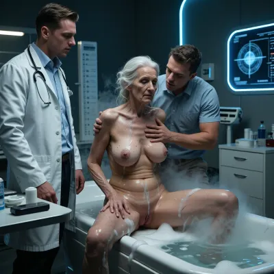 Hyperrealistic, HDR, UHD, high quality, ambient light, dark atmosphere, raw, spontaneous, realistic skin texture, low X-ray effect, low reflections, image sharpness, smooth and flawless movement, high speed, matte skin, no plastic effect, (((an extremely elderly centenarian grandmother masturbating in her bath with soap and foam, sensually caressing herself, wet body and hair, intense arousal, face, body and skin very marked by time, sagging and flabby breasts, large areolas, soft nipples, freckles, beauty marks, wrinkles, imperfections, realistic fog, realistic dense steam, flabby and wrinkled skin and body, flabby and wrinkled face, knees apart, thick and faded evening makeup, a young man standing behind her, embracing her and caressing her breasts:9.9))), Professional photograph taken in a doctor's office examination room. A doctor, dressed in a crisp white coat and light blue shirt, and wearing a stethoscope, stands near an examination table. Concentrating intently, he observes the patient. The room is furnished with medical equipment, including a standard medical scale with a height chart in the background and a white cabinet filled with medical supplies. The bright, clinical lighting is typical of a doctor's office, with soft shadows and a clean, sterile atmosphere. High resolution, realistic style, photographic detail.
Futuristic medical examination room, high-tech hospital ward, modern clinical interior, sleek sterile design, empty medical gurney bed in center, professional healthcare worker in uniform standing in background, glowing light blue LED accent lighting, digital holographic displays and monitors on walls, clean geometric surfaces, cold color palette, soft ambient lighting, high-tech medical equipment, sophisticated atmosphere, cinematic composition, hyper-realistic, 8k, highly detailed, sharp focus, volumetric lighting, industrial design style.