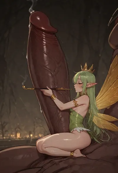 (ratatatat74), (fairy girl, cheap whore, wings, (tiny:1.5), smoking pipe), (massive cock), footjob, (massive size difference:1.5), side view, <lora:ratatatat74-000050:2>