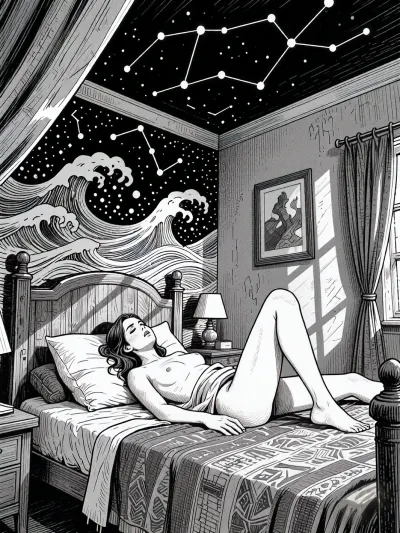 A black-and-white sketch in the style of a graphic novel and indie comic. A woman lies on her back in bed, one leg bent at the knee, naked, asleep with her eyes closed and a serene expression on her face, her dark, loose hair is scattered across the pillow. Her breasts and entire body are bare. A wooden headboard and a bedside table are visible, as is a painting hanging to one side. On the wall to one side and on the ceiling are constellations formed by stars and lines, as well as stylised waves. A window with curtains is visible to one side. The artwork features detailed shadows and cross-hatching, with crisp ink lines of moderate variation in thickness, the textures of the fabric, wood and hair are rendered in great detail. The mood of the painting is calm and slightly melancholic, the scene is viewed from above.