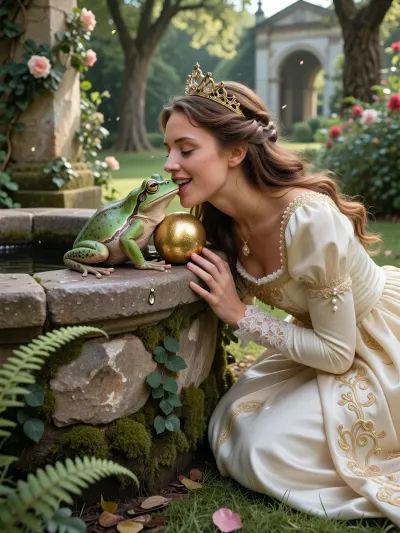 Ultra photorealistic cinematic fine art photography, a fairytale moment from The Frog Prince, an adult princess 25 years old kneeling beside an ancient moss covered stone well in a European palace garden, captured at the precise instant she joyfully kisses a living emerald green frog, the small frog perched gently on the rim of the well, her lips softly touching its head, her eyes closed with genuine happiness, a radiant smile shaping her cheeks, the expression intimate, tender and playful, one hand carefully cradling a spherical golden ball close to her chest, the other hand resting against the weathered stone, the golden ball unmistakably visible and glowing with warm reflected sunlight, her posture natural and physically believable, her fingers and the frog anatomically precise, the frog realistic with moist textured skin, tiny toes, reflective eyes and green markings, its body resting securely on the stone, the princess wearing an historically inspired ivory and champagne silk gown with embroidered gold threads, fine lace cuffs, pearl details and flowing layered fabric pooling over the grass, golden crown nestled in long softly waved chestnut hair, individual loose strands catching the breeze, natural complexion, fine pores, subtle freckles, realistic eyelashes, translucent skin, soft blush and highlights of moisture on her lips, the well built from rough hand cut limestone blocks, creeping ivy, droplets of water, fern leaves and velvety moss rendered with extraordinary tactile detail, beyond her a romantic garden of climbing roses, trees and distant stone arches dissolving into soft atmospheric depth, early morning sunlight filtering through foliage, luminous shafts illuminating airborne pollen, dew sparkling on leaves, rich deep shadows balancing golden highlights, subtle reflections dancing across the golden sphere, a magical atmosphere created entirely through believable natural light rather than artificial effects, shot from a slightly low intimate three quarter viewpoint at eye level with the frog, medium close framing retaining both faces, both hands, the complete golden ball and recognizable well, full frame camera, 85 mm portrait lens, f 2.8, accurate focus on the kiss, lifelike depth of field, nuanced color grading, rich material textures, subtle analog film grain, museum quality photographic realism, pure wonder and happiness