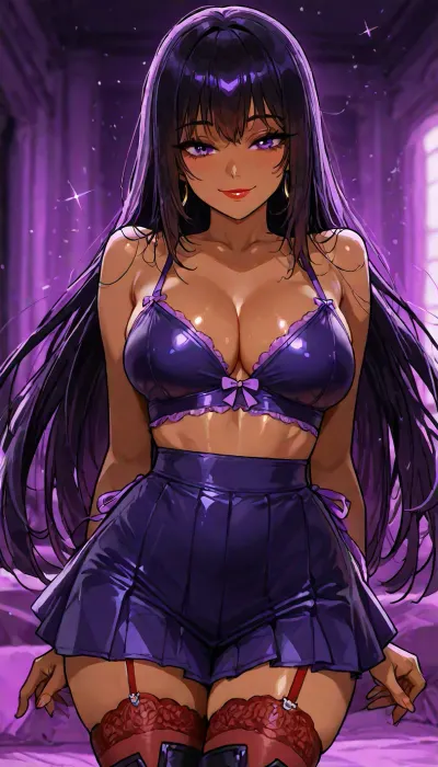 Melkor mancin meet markgavatino style, (((beautiful bright purple big anime eyes))), slut ready to fuck, Dark Purple eyeliner, long eye lashes, red lipstick, 25 years old cutie, (short petite height with medium cleavage), ((purple background, lurid neon blurry background, lounge)), hair with bright highlights, warm strong lighting, red garter stockings, thick long boots, mischievous smile, (((big beautiful anime eyes:1.2))), lipstick, make-up, glitter, dark eye liner, ((long lashes)), 25 year old Filipina witch, dynamic pose portrait, petite athletic toned firm body, bright purple blue, ethereal whimsy aesthetic, skirt lingerie, <lora:add-detail-xl:1.2>, <lora:attractive_notrigger:1.2>, <lora:detailed_notrigger:1.2>, <lora:LCMTurboMix_Euler_A_fix:1.2>, cute smile, stockings, starry dark background, dark hair, dark skin
