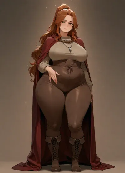 masterpiece, best quality, absurdres, newest, highres, very aesthetic, 1girl, solo, mature female, adult, very_long_hair, brown_hair, wavy_hair, ponytail, brown_eyes, freckles, oval face, thin eyebrows, button nose, wide mouth, soft jaw, tan, medium_breasts, fat, wide_hips, thick_thighs, soft_belly, shirt, pants, cloak, boots, medieval, traveling clothes, burgundy, brown, stained clothes, oversized clothes, leather cord necklace, clothes over underwear, (black bra:.45), (black panties:.45), (linen:.35), fully clothed, underwear under clothes, standing, full body, looking at viewer, simple background, soft lighting, detailed face, detailed eyes