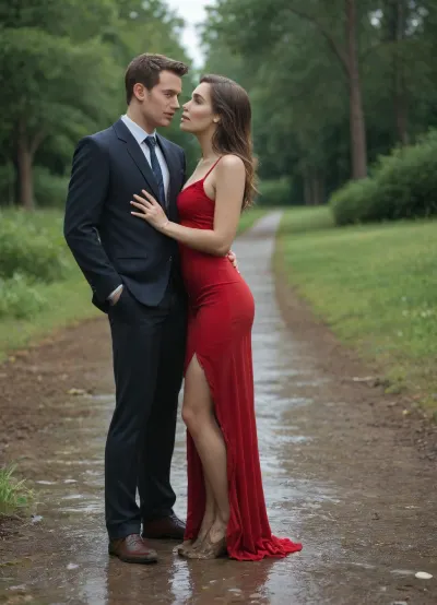 A highly photorealistic, candid outdoor photograph of a romantic young couple, both 25 years old, sharing a tender, spontaneous kiss in a muddy natural setting.

The woman is pretty and naturally chubby, with a soft, full figure, realistic body proportions, a rounded face and shoulder-length brown hair. She wears an elegant, flowing red dress that gently follows her natural figure. The lower part of her dress has become slightly wet and splashed with brown mud.

The man is handsome, slim and athletic, wearing a well-fitted dark suit and a white shirt. His polished shoes and the lower parts of his trousers are lightly stained with mud.

The couple stands close together in a shallow muddy puddle. The woman has wrapped her arms affectionately around his neck, with one hand resting gently in his hair. He holds her comfortably around the waist as they share a warm, natural kiss. Their posture is relaxed and affectionate, expressing genuine romantic attraction and happiness.

The surrounding ground is wet and muddy, with small puddles, uneven patches of soft earth and natural vegetation. Soft daylight illuminates the scene, creating realistic reflections on the damp ground.

The photograph captures an authentic, unposed romantic moment, with natural facial anatomy, realistic hands and fingers, believable body proportions, detailed fabric textures, subtle skin imperfections and lifelike lighting.

Professional documentary-style photography, full-body composition, natural colors, realistic depth of field, no artificial glamour effects, no exaggerated anatomy.