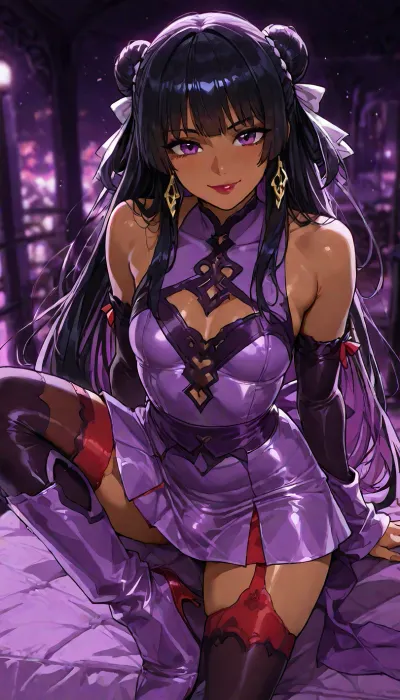 Melkor mancin meet markgavatino style, (((beautiful bright purple big anime eyes))), Dark Purple eyeliner, long eye lashes, red lipstick, 25 years old cutie, ((purple background, lurid neon blurry background, lounge)), hair with bright highlights, warm strong lighting, red garter stockings, thick long boots, mischievous smile, (((big beautiful anime eyes:1.2))), lipstick, make-up, glitter, dark eye liner, ((long lashes)), 25 year old Filipina starry witch, dynamic pose legs portrait showing off body, petite athletic toned firm body, <lora:add-detail-xl:1.2>, <lora:attractive_notrigger:1.2>, <lora:detailed_notrigger:1.2>, <lora:LCMTurboMix_Euler_A_fix:1.2>, cute smile, stockings, starry dark background, dark hair, dark skin, (cute with futa bulge under skirt)