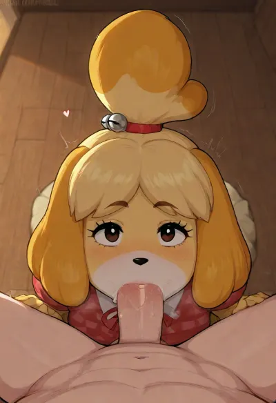 (Afrobull), (Isabelle from animal crossing, furry, short-thick), pov, blowjob