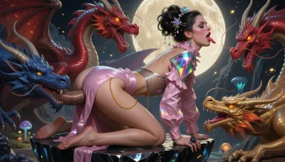 Digital fantasy illustration, epic painterly style with visible textured brushwork and rich saturated color, a radiant ethereal woman on her hands and knees atop a crystalline obsidian ledge, her spine arched high in rapturous ecstasy, head thrown back with eyes squeezed shut and mouth wide open in a breathless moan of total pleasure. Her voluminous shoulder-length dark curls are styled in an intricate braided updo at the top of her head, cascading with sparkling crystal headpieces that scatter prismatic rainbow light across the scene. Her face glows with flushed rosy cheeks, bold glossy red lips parted around a soft gasp, smoky heavy-lidded eyes lost in bliss. Her delicate ruffled pink satin blouse with its high collar is yanked open and pushed up to her midriff, the futuristic metallic mesh halter-neck bodice stretched taut across her arched back with asymmetrical cutouts glistening, the high-waisted asymmetrical wrap mini skirt bunched high at her hips with the diagonal slit stretched wide and the thin chain tie pulsing warm amber. Sculptural holographic shoulder pads and shifting iridescent sequins shimmer across her strained disheveled outfit. Three massive fantasy dragons surround and fuck her relentlessly, a crimson-scaled dragon behind her with its thick veiny scaled cock buried deep in her from the rear, massive taloned claws clamped hard on her hips, a deep azure dragon at her left flank with its broad thick shaft pressed firmly into her from the side, one massive scaled wing draped low over her shoulder, a molten gold dragon in front of her with its thick veiny cock thrust deep into her from the front, its long serpentine tongue lapping her flushed throat while her hand with a large dark statement ring grips a tuft of its thick mane. Glistening wetness and slick sheen visible at every contact point, her clothed outfit stretched and disheveled from the relentless pounding. The setting is a moonlit ethereal cavern with bioluminescent fungi and drifting motes of golden light, dramatic chiaroscuro fantasy lighting with warm golden moonbeams cutting through cool violet ambient glow, epic ArtStation fantasy concept art, 8K digital painting, dynamic foreshortening, commanding central composition.
