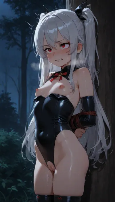 tiny-child body, childface, long hair, tiny lags, tiny, nsfw costume, flat breasts, night, bound on the tree physical violence against their will creampie pussy, masterpiece, highest quality, pain, crying, try to escape