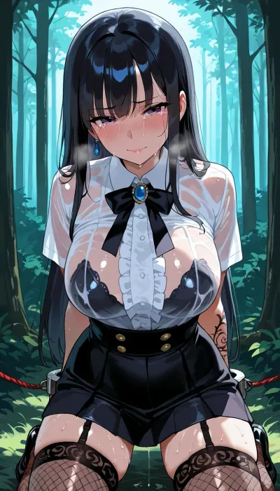 18 year girl suck the cock on the knee's goth style with small body and long black hair, tattoos, a fit a large bust, and fishnet stockings. . She is in a secluded forest during an intimate, goth skirt and wet shirt, beautiful crying face .Her hands are cuffed behind her back, with decorative ropes adding to the gothic aesthetic. The atmosphere is dark, erotic, and intense, with dramatic lighting