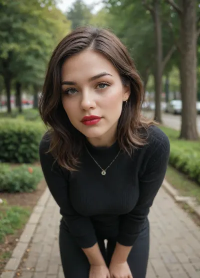 plump woman, leaning forward with arms behind back, flirting eyes, red lips, elegant hair style, soft and tender, fashion model, black pants, dark sweater, park, outside, close-up, dynamic angle.